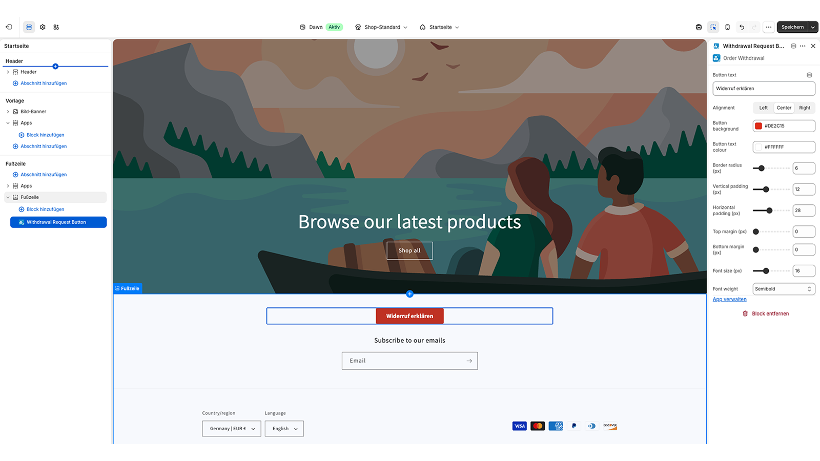 Widerrufsbutton im Shopify Theme Editor konfigurieren