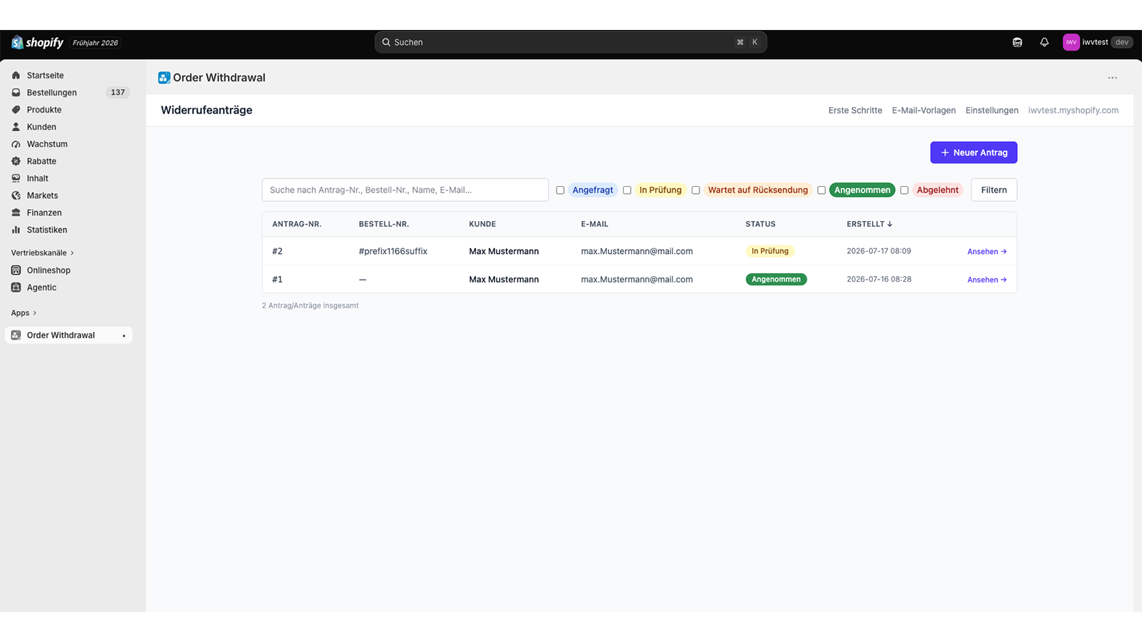 Widerrufsanträge im Shopify Admin zentral verwalten und bearbeiten