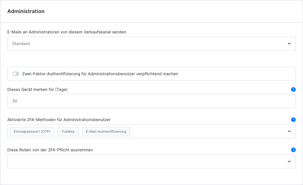 Shopware Administration: Vertrauenswürdige Geräte und aktivierte Zwei-Faktor-Methoden für Administrationsbenutzer