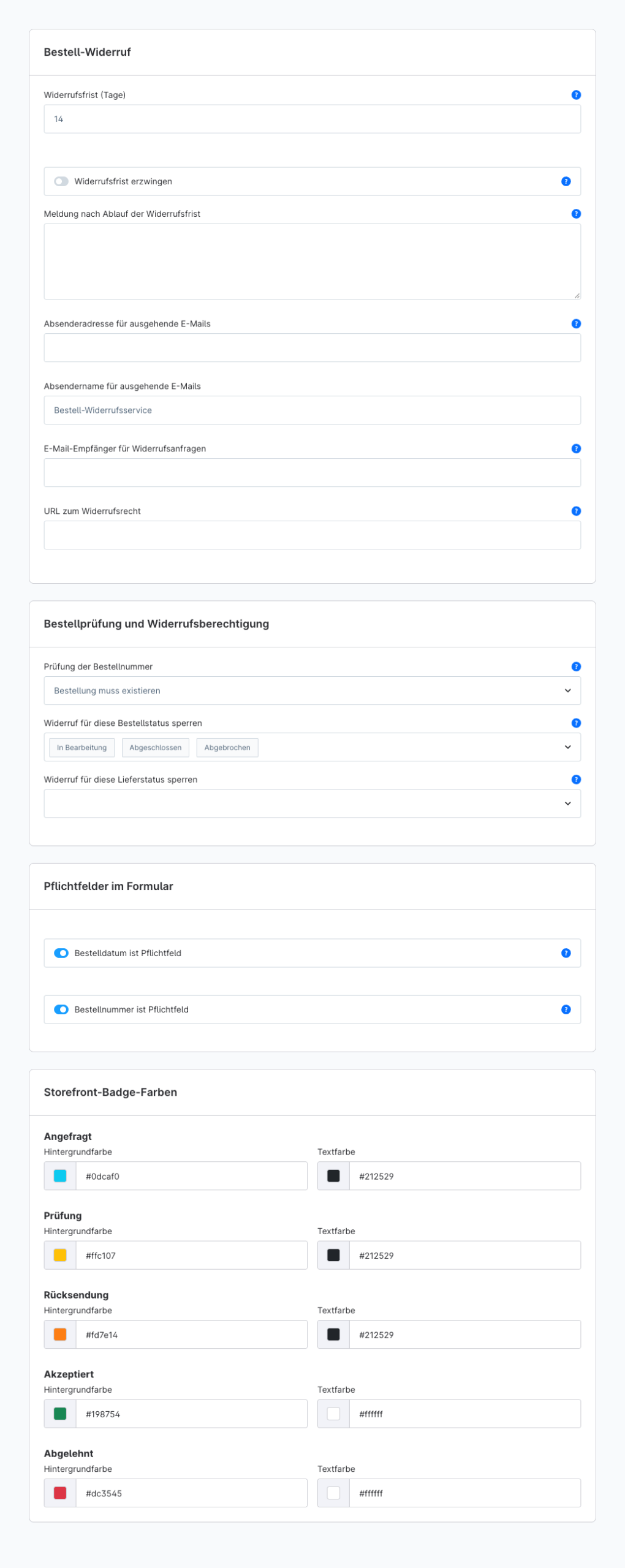 Shopware Konfiguration des Widerrufsbuttons mit Bestellnummernprüfung und gesperrten Bestellstatus