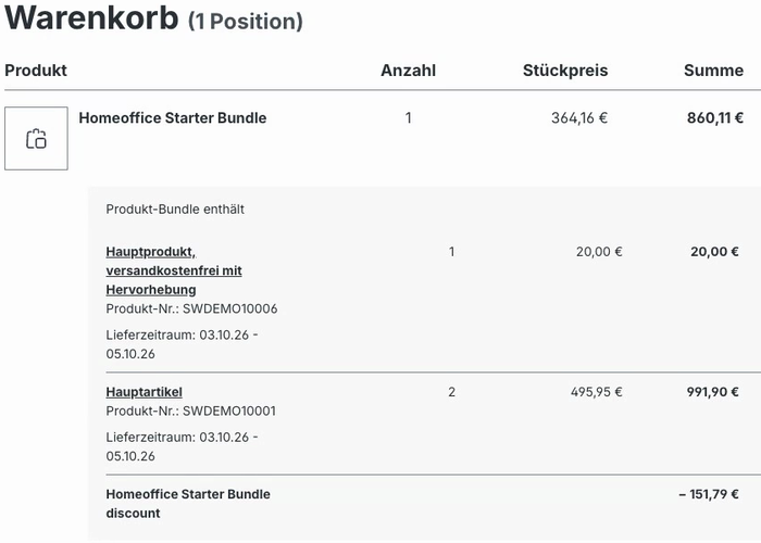 Fokussierte Bundle-Komponenten, Mengen, Preise und Rabatt im Warenkorb