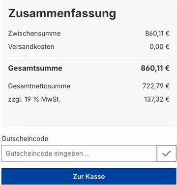 Fokussierte Warenkorb-Zusammenfassung mit Gesamtsumme