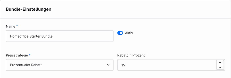 Fokussierte Bundle-Einstellungen mit Name, Aktivstatus und prozentualem Rabatt