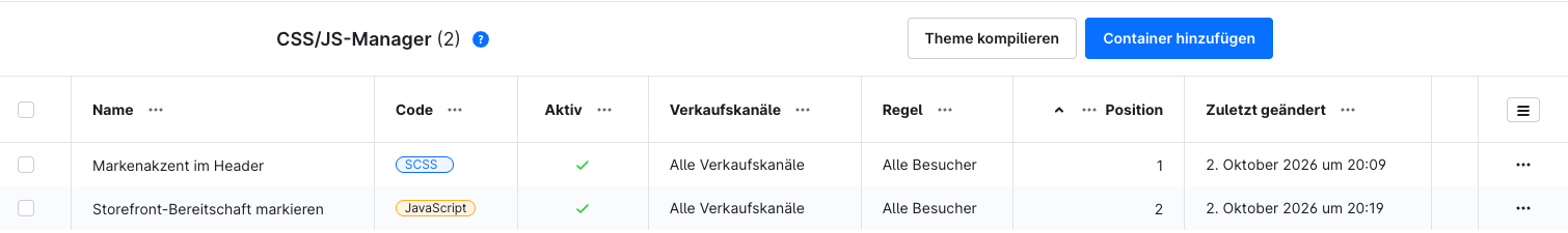 CSS/JS-Manager in der deutschen Shopware Administration mit aktivem SCSS- und JavaScript-Container
