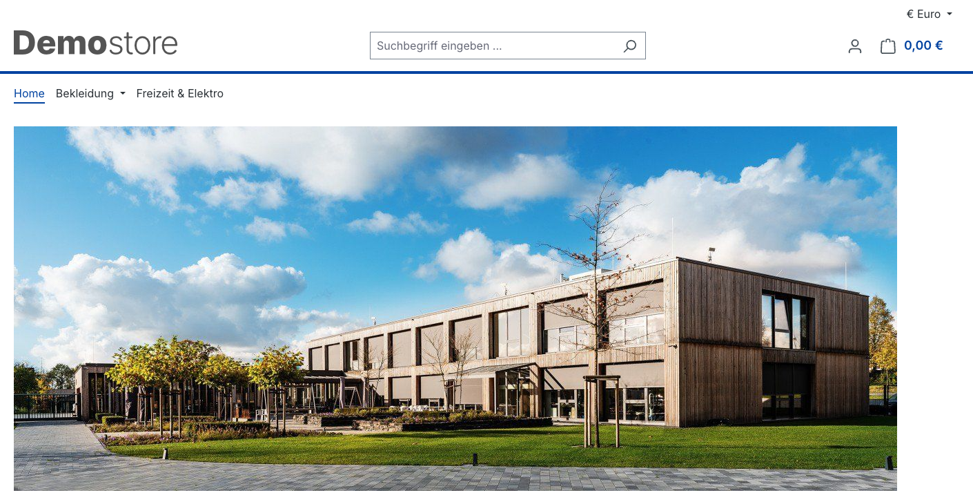 Deutsche Shopware Storefront mit kompiliertem blauen Markenakzent unter dem Header